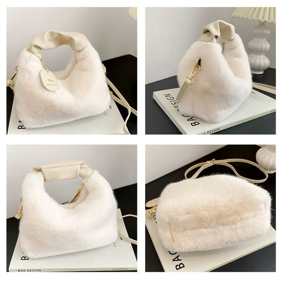 Estilo coreano Plush Nuvem Crossbody Bag, monocromático, PU Faux Rabbit Fur Bolsa, alça plissada, Design de nicho