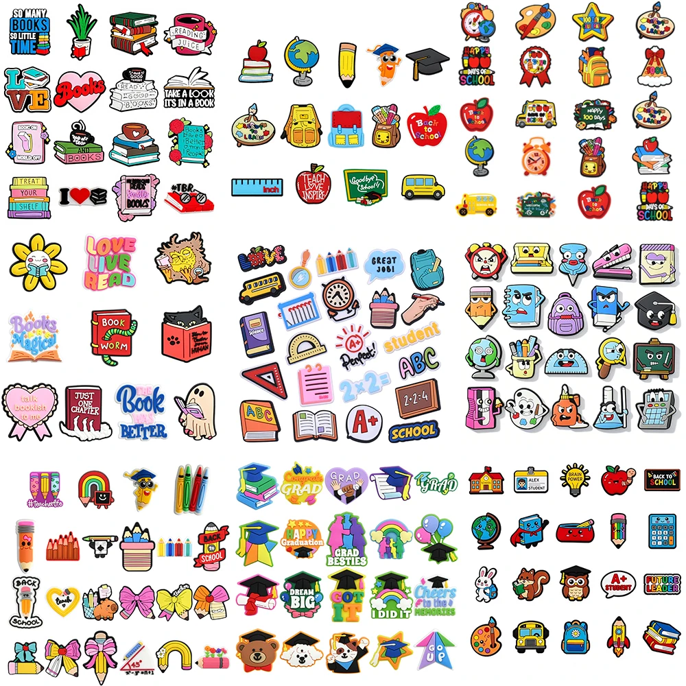 10-30PCS School Reading Pencil Book Graduate Shoe Charm Wholesale PVC Bag Clog Wristband Decor Buckle Detachable Waterproof Gift
