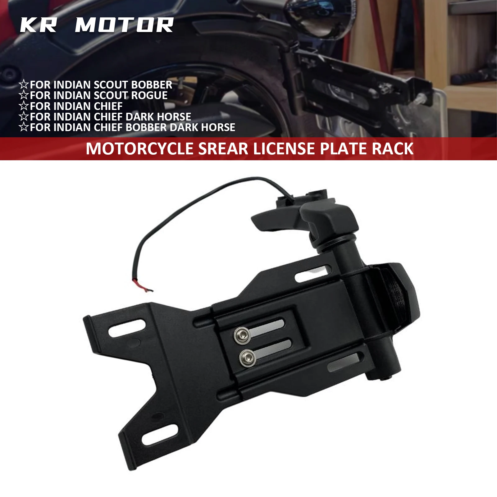 

Rear License Plate Rack With LED License Plate Light For Indian Scout Rogue Twenty Sixty Sport Chief Bobber Dark Horse 2018-2023