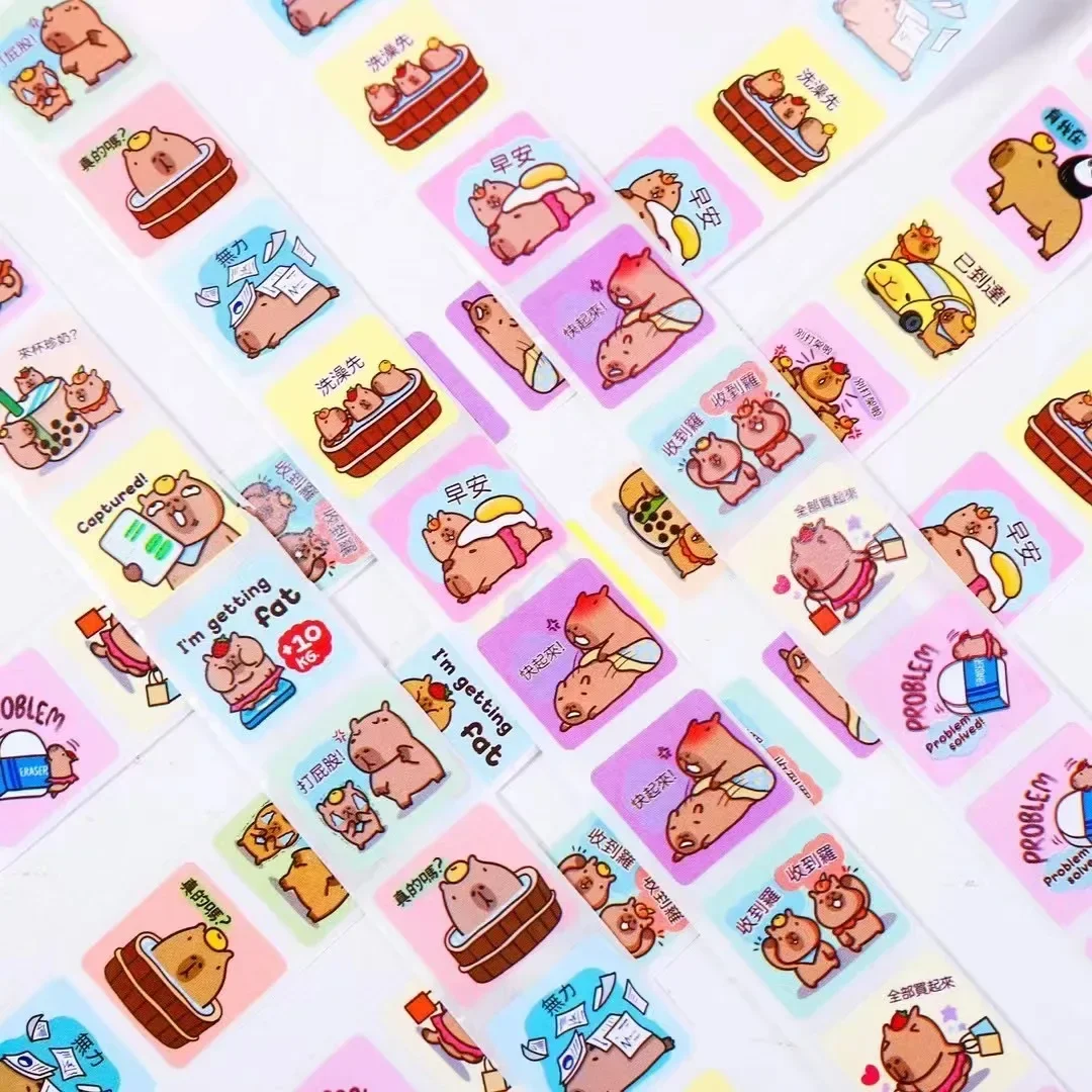 New 1Roll Capybara Sticker for Kids Reward Sticker Cartoon Labels Valentine's Day Happy Smile Face Sticker Label birthday gift