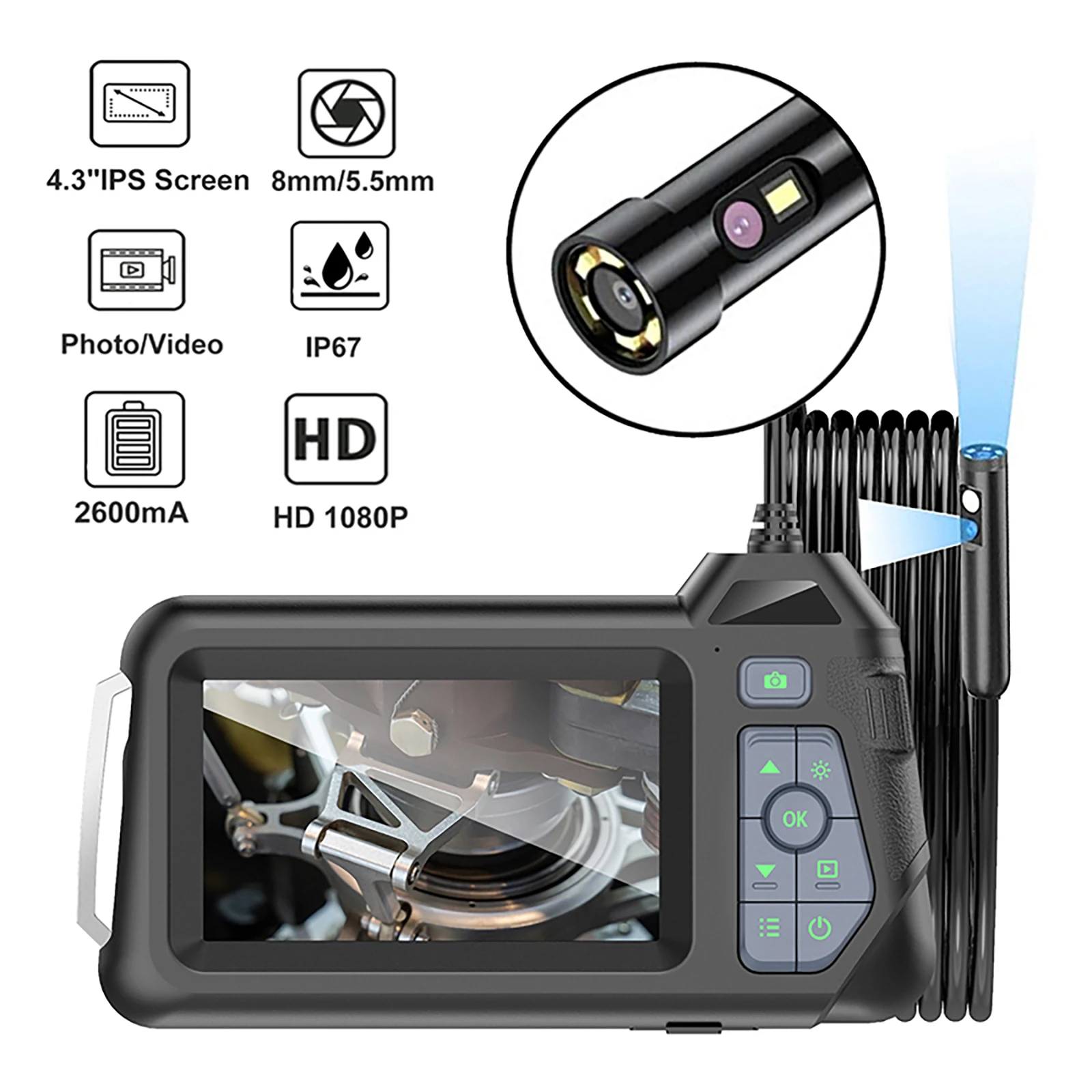 SYANSPAN Endoscope Camera8mm HD1080P 4.3inch Screen Waterproof IP67 8 LED Light Inspection Borescope for Pipe Car Repair