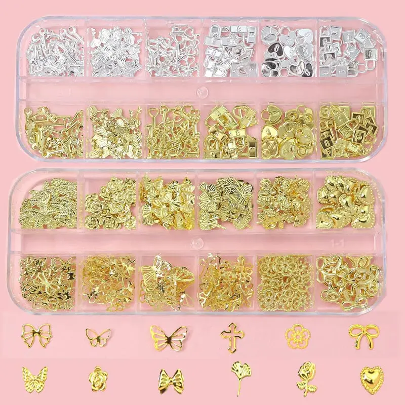 12 Grid Metal Butterfly Nail Art Jewelry 3D Rose Flower Bowtie Cross Rivet Nail Charms Gold Silver Lock Key Nail Art Gems Supply