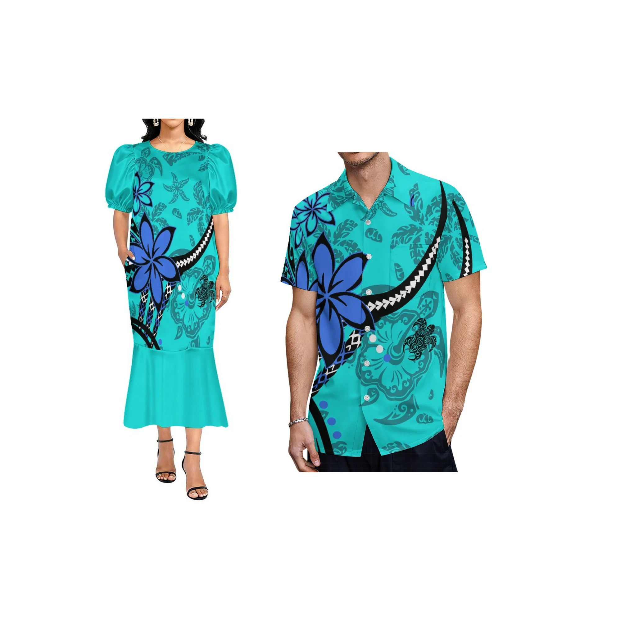 

Комплект одежды для пар: женское платье-муму в полинезийском стиле (Тонга, Микронезия) больших размеров и мужская рубашка с жестким воротником в стиле русалки.