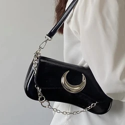 Y2k Cool Girls Black Shoulder Bags Moon Locking Buckle Women's Chain Underarm Bag PU Leather Saddle Bags Small Purse Handbags