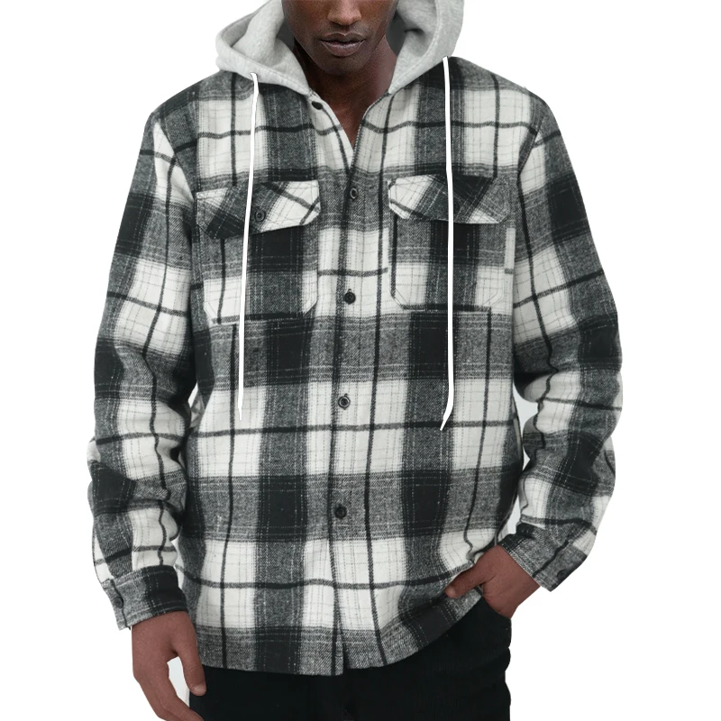 Cross border new fashionable European and American men's foreign trade leisure hooded plaid shirt jacket men's stock