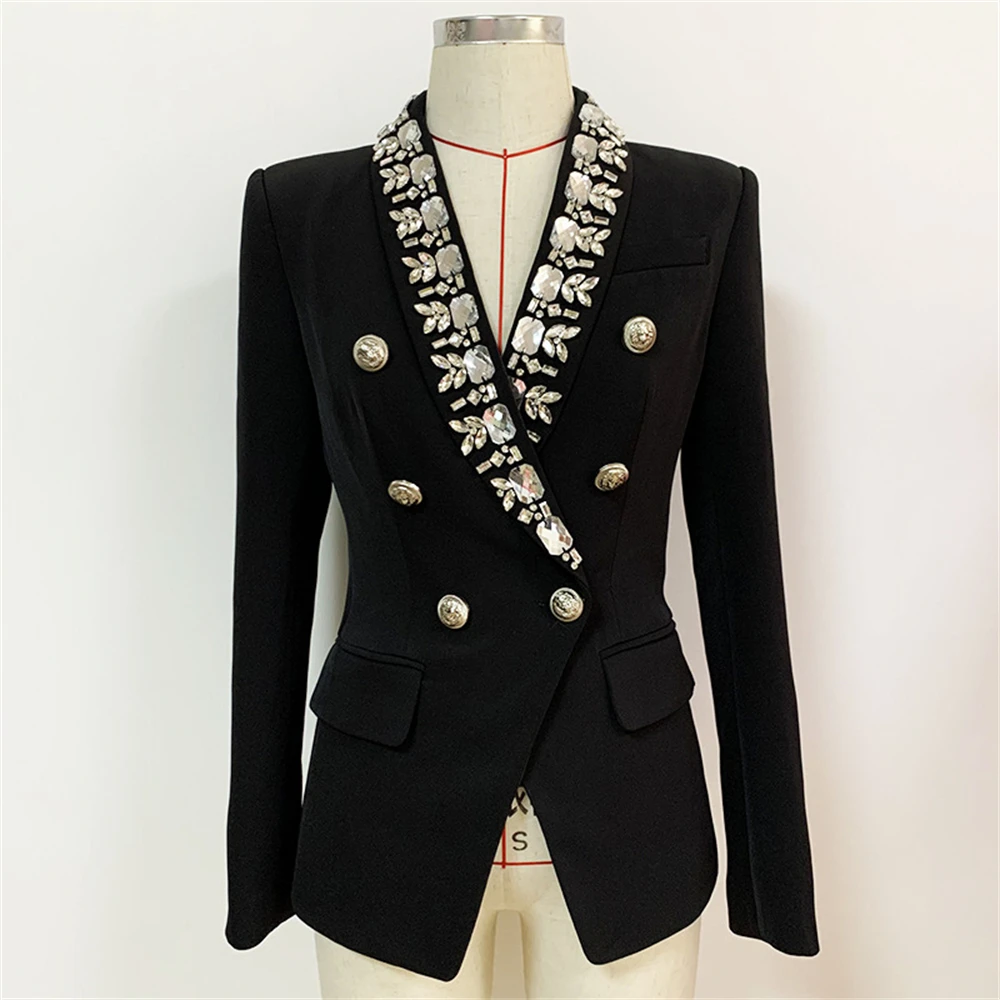 Setelan Blazer wanita kristal jahitan tangan, kancing dua baris, lengan penuh, pakaian mode Slim Fit, jaket musim gugur