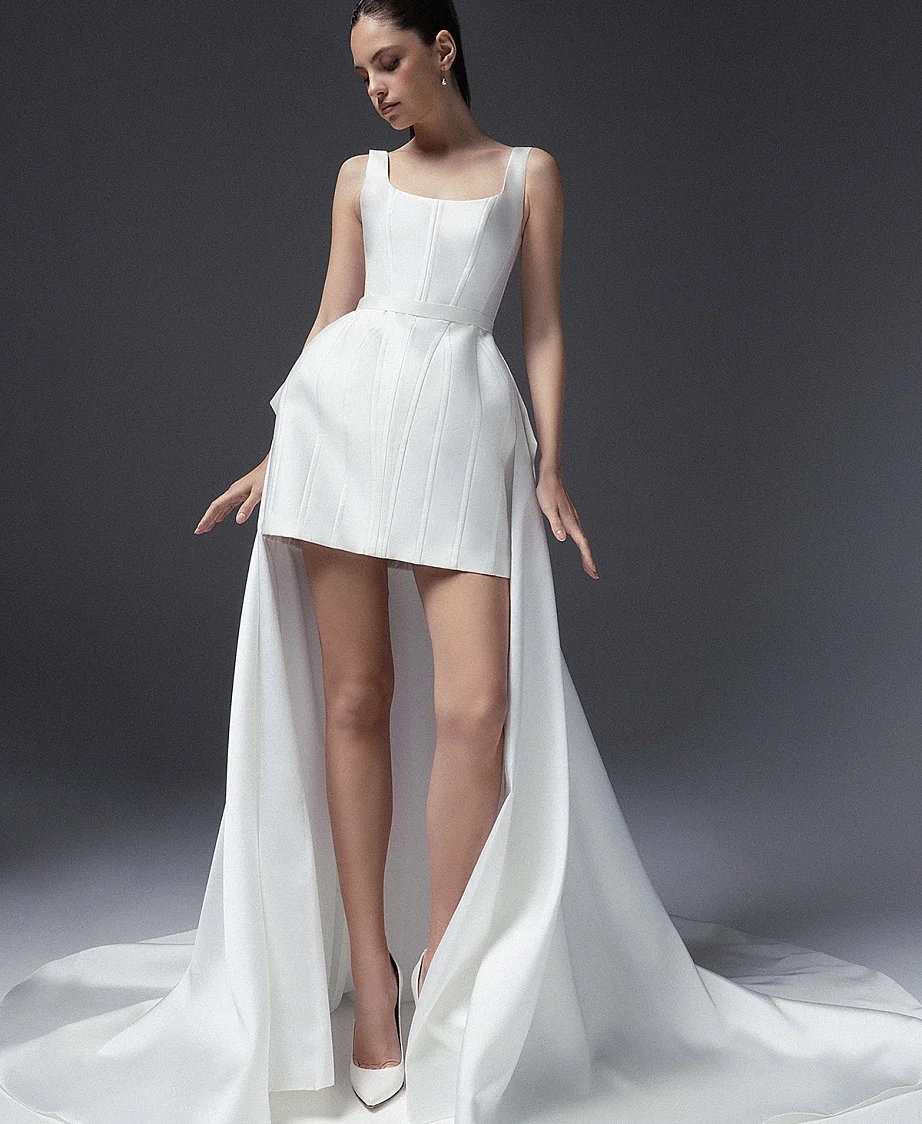 

Satin Short Wedding Dress for Bride Detachable Train Boho Wedding Dress Bridal Gown