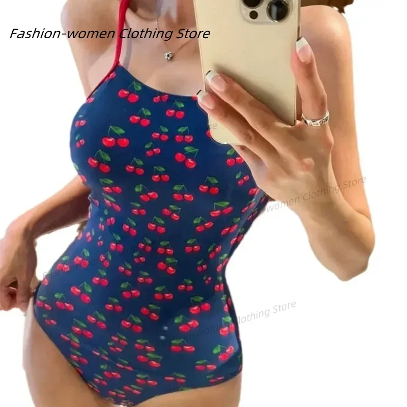 Korean Style One Piece Swimsuit Women Cherry Print Swimwear Padded Bathing Suit Monokini Beachwear Bodysuit Slimming Suits Pool