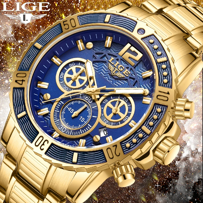 

LIGE 2023 New Gold Watch Men Casual Military Quartz Watches For Men Top Brand Luxury Sports waterproof Chronograph Wristwatch