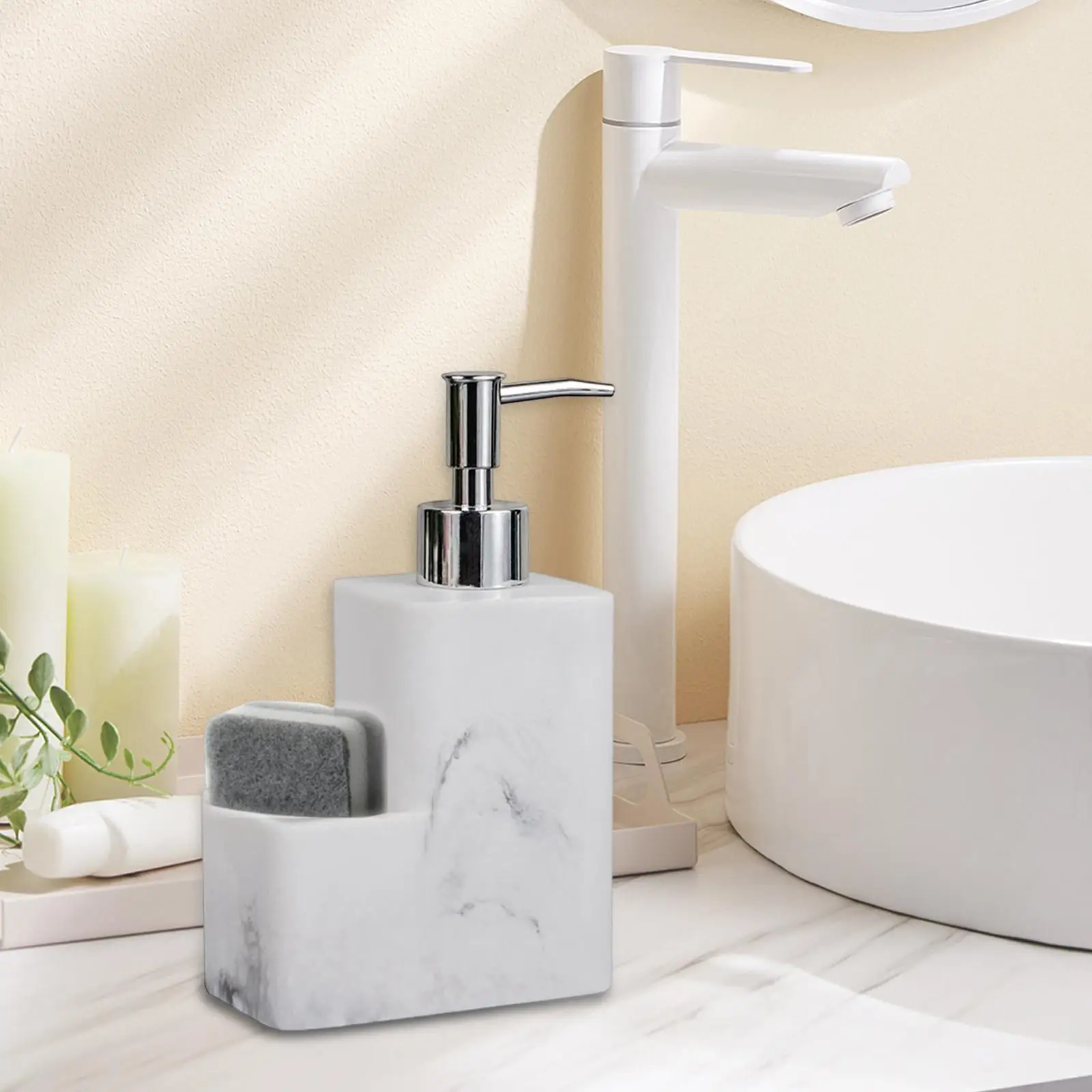 Refillable Soap Dispenser Bottle Organizer Holder Stores Scrubbers Marble Surface 15oz for Kitchen Countertop Bathroom