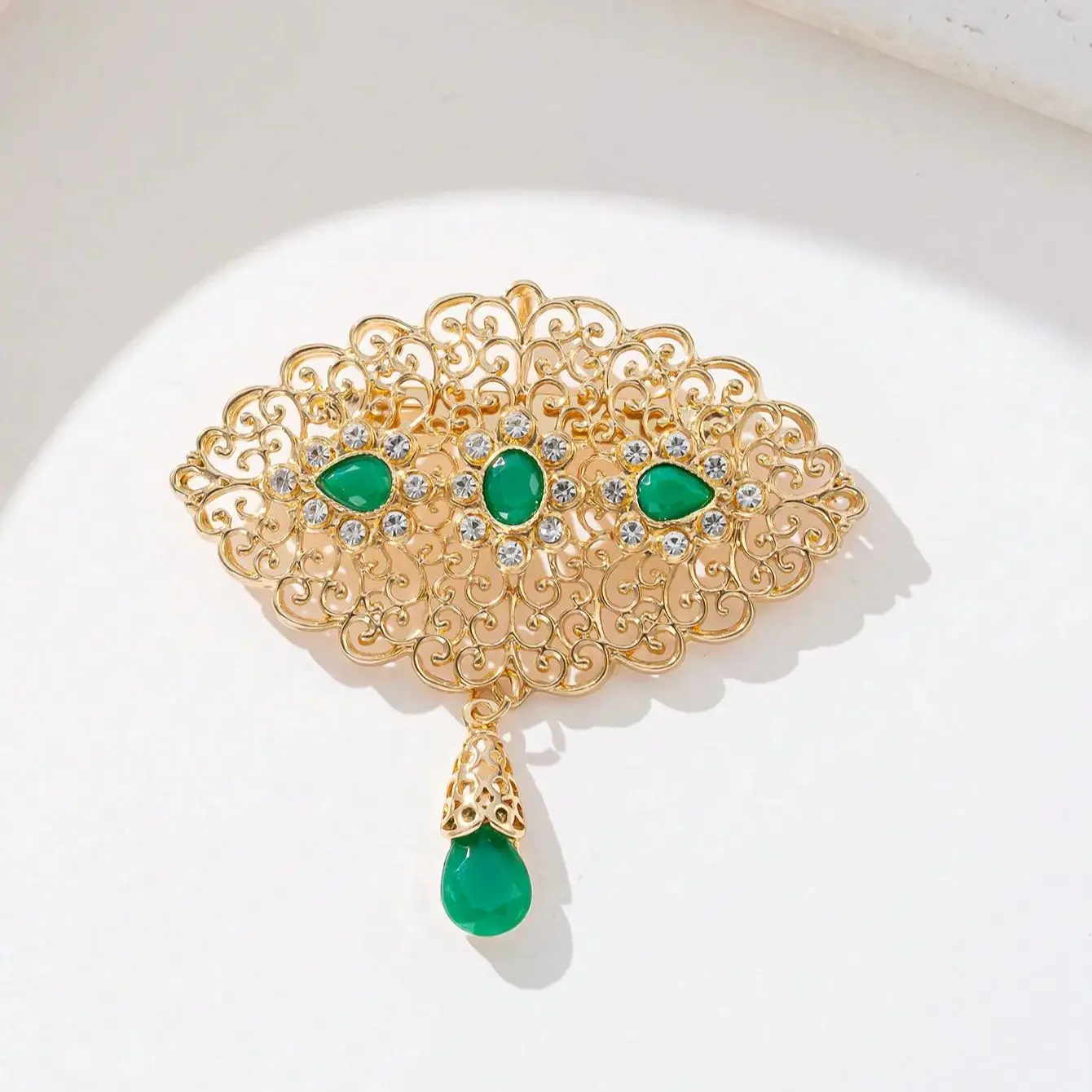 New Arabesque Gold Color Brooches with Rhinestone Water Drop  Women  Brooches Morocco Muslim Wedding Jewelry Hjab Pins
