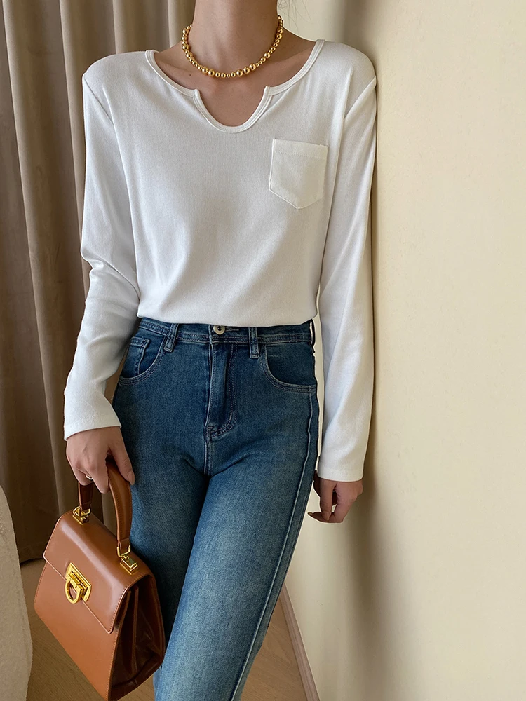 

Women White Black Brief Casual Pocket T-shirt New V-Neck Long Sleeve Fashion Tide Spring Autumn O622