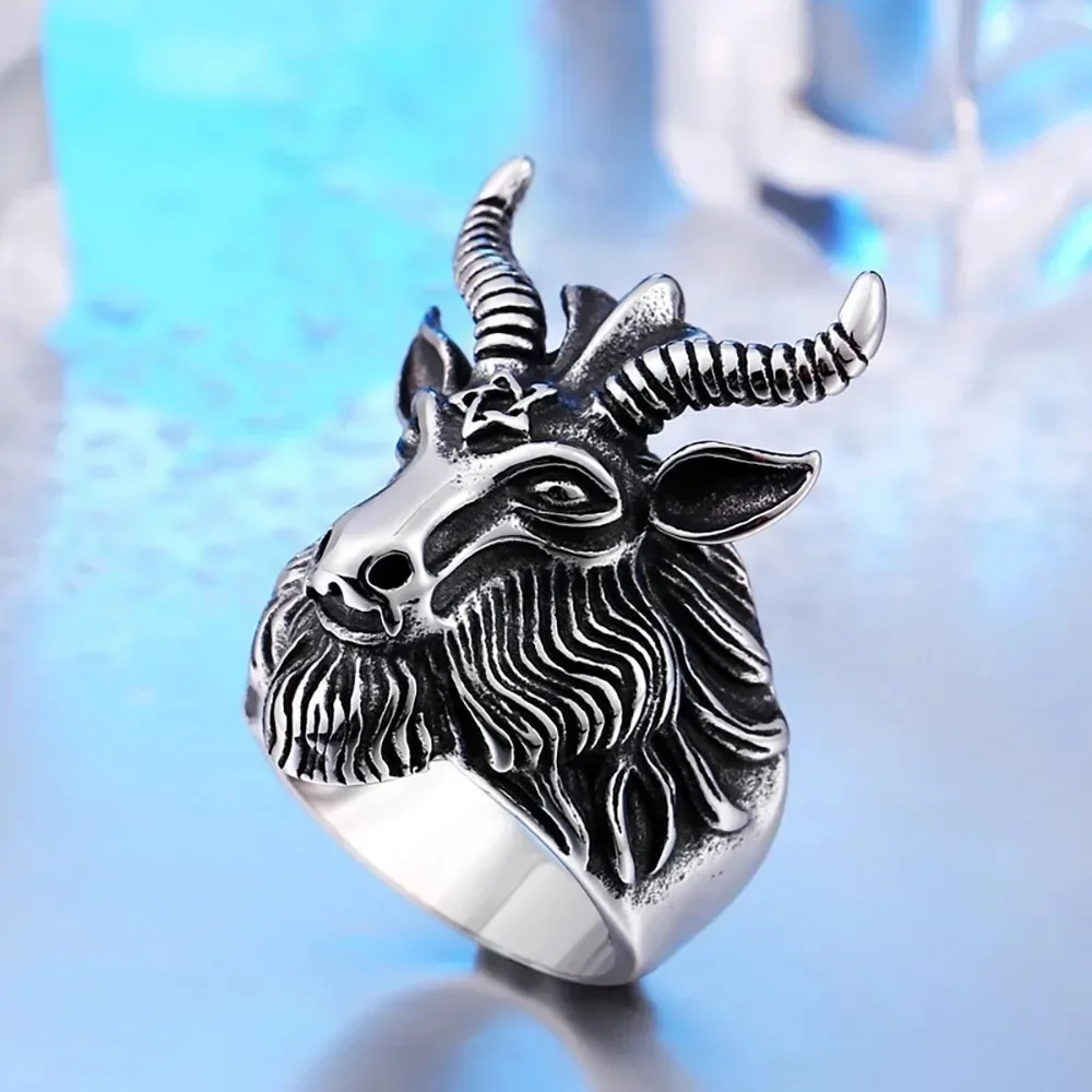 New Simple Vintage Trend Satanic Goat Ring Men\'s Gothic Lucifer Goat Head Satanic Skull Ring Street Niche Party Boy Jewelry Gift