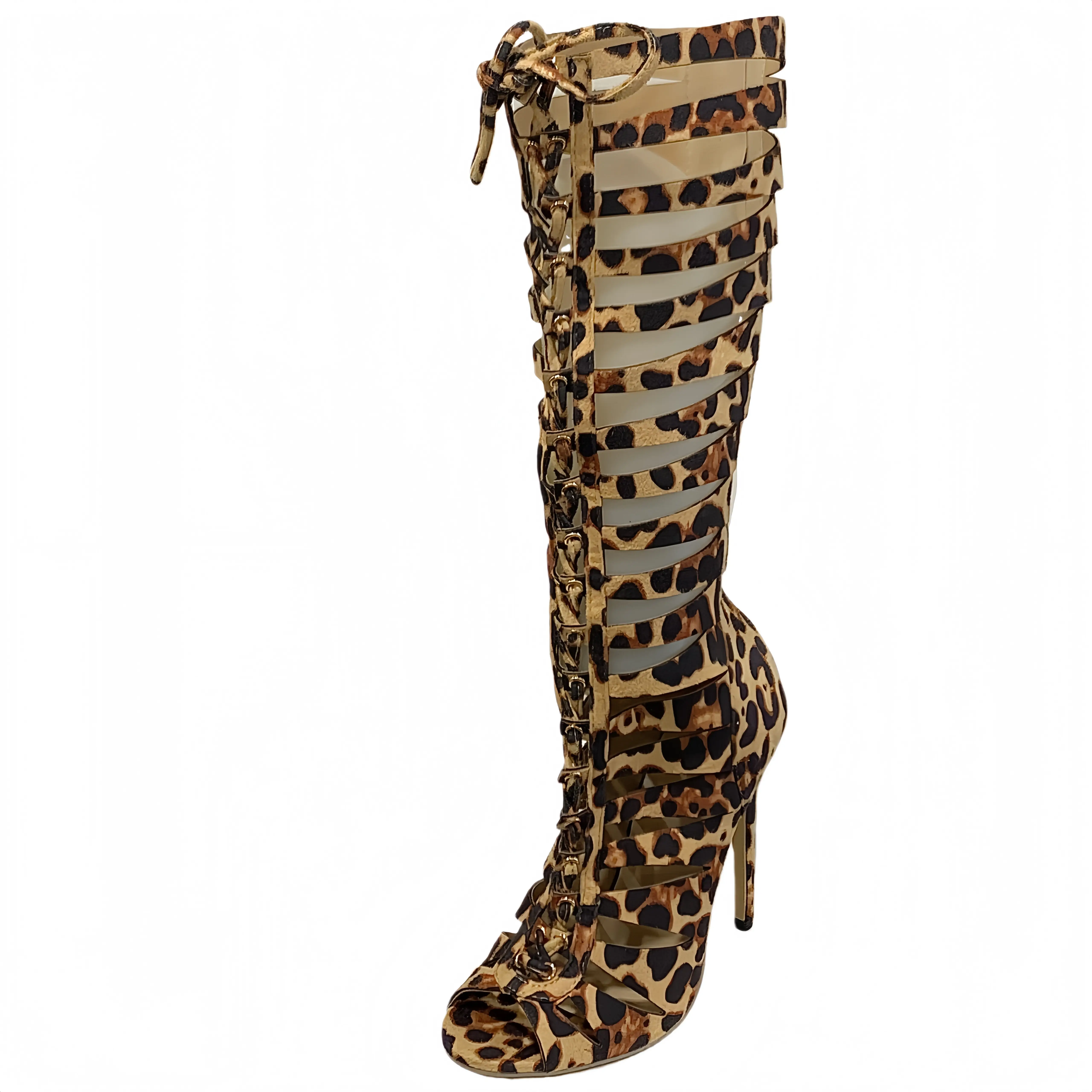 

Femme Arc Women Leopard Print Lace-Up Platform Knee Boots - Round Toe Stiletto Heels Size 35-42
