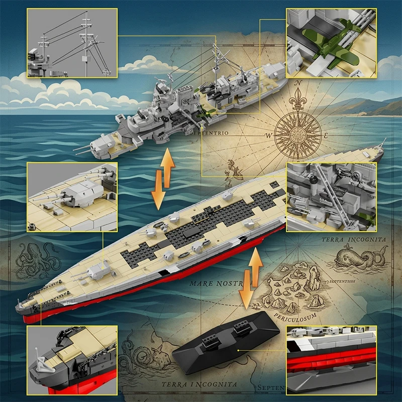 Klemmbausteine 1:300 Bismarck-Klasse Schlachtschiff Bausteine Set Militärisches Kriegsschiff Modellbausatz Jungen Spielzeug Erwachsene Kinder DIY Heimdekoration Geschenk 2686 Teile – Detail 3