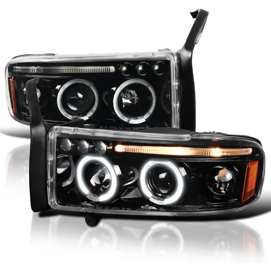 

Jet Black LED Dual Halo Projector Headlights for 1994-2001 Dodge Ram 1500/2500/3500 Left and Right Pair Headlamp Assembly with