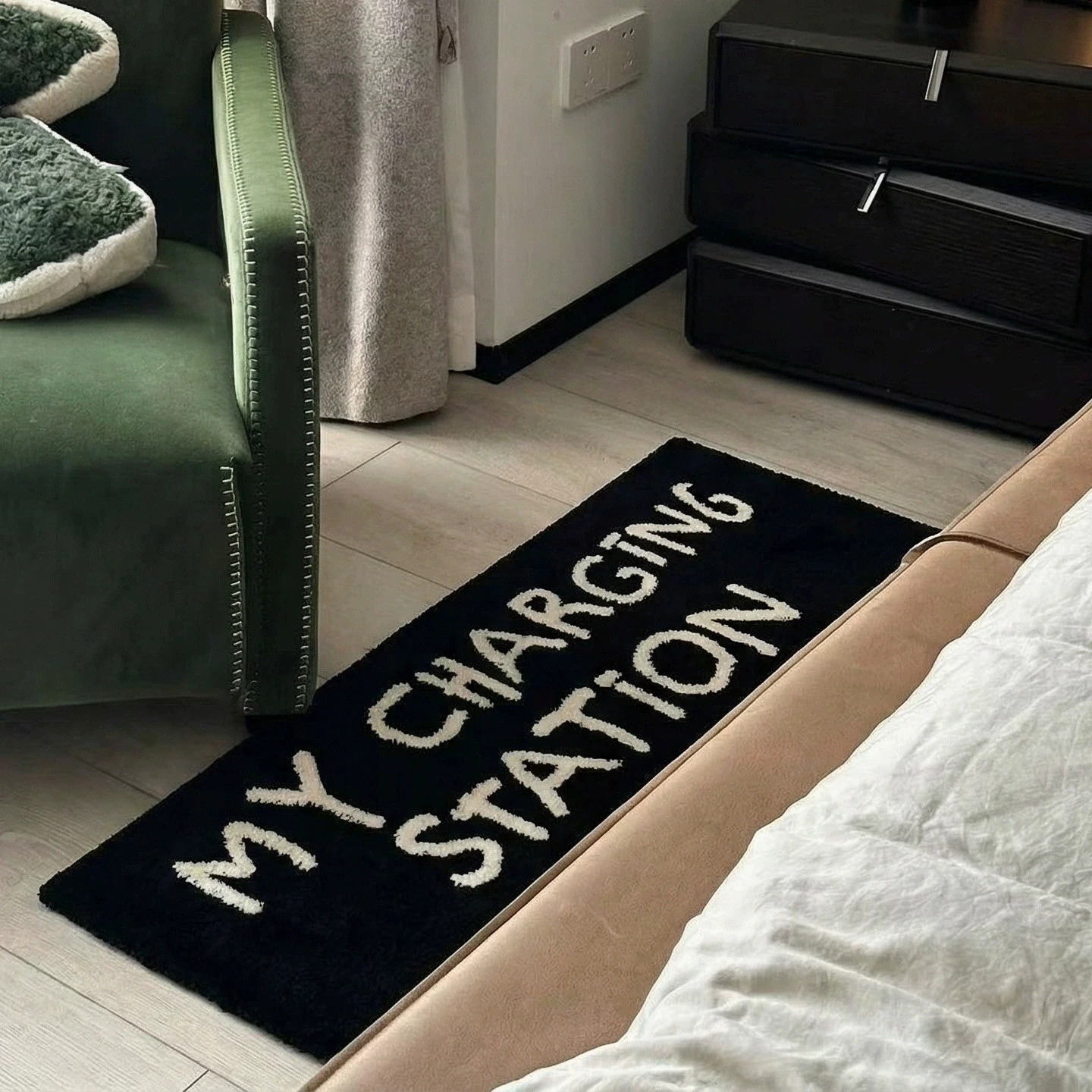 Long Tufting Letters Bedroom Rug Soft Black White Mat Corridor Carpet Kids Bedside Floor Foot Pad Aesthetic Home Room Decor