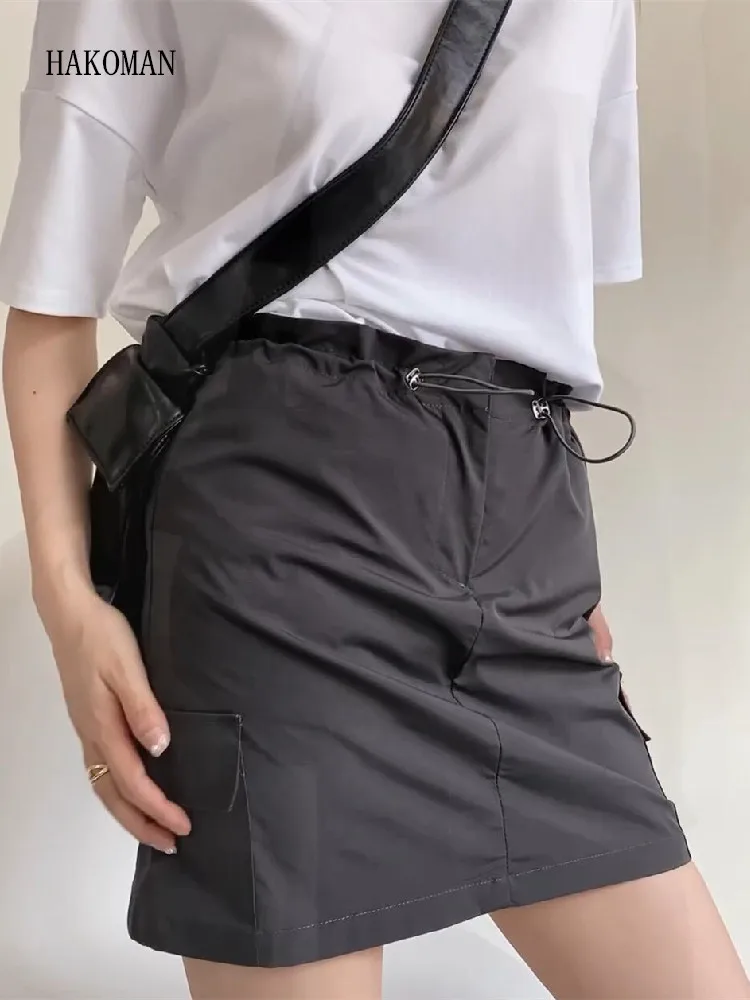 

2023 Women Elastic Adjust Drawstring Rope Ruched High Waist Skirts Y2K Pockets on Side Cargo Mini Safari Skirt American Retro