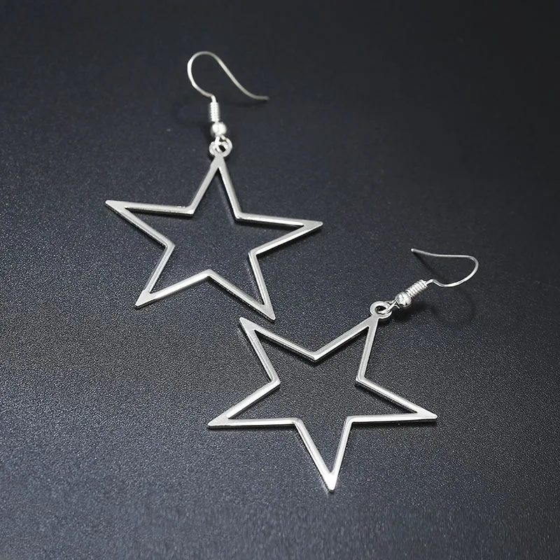 Fashion Hip hop Simple Design Silver Color Hollow Star Pendant Earrings Women Vintage Earrings Gifts for Girls Female
