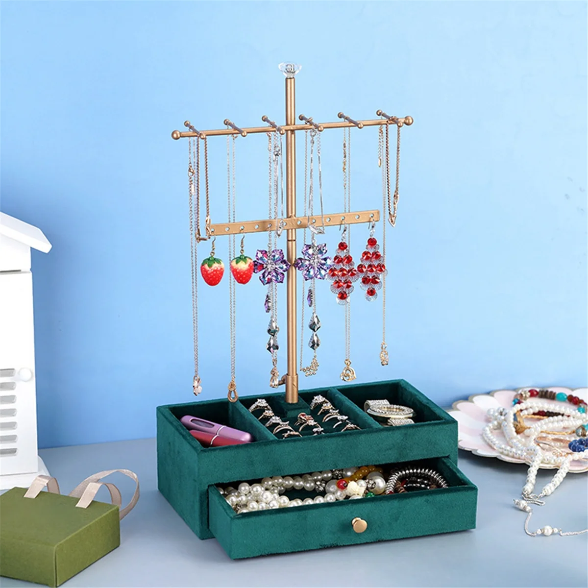 AB7-2 Tiers Jewelry Rack Wooden Emerald Base Ring Jewelry Storage with Drawer Bracelet Storage Box Jewelry Display Rack A