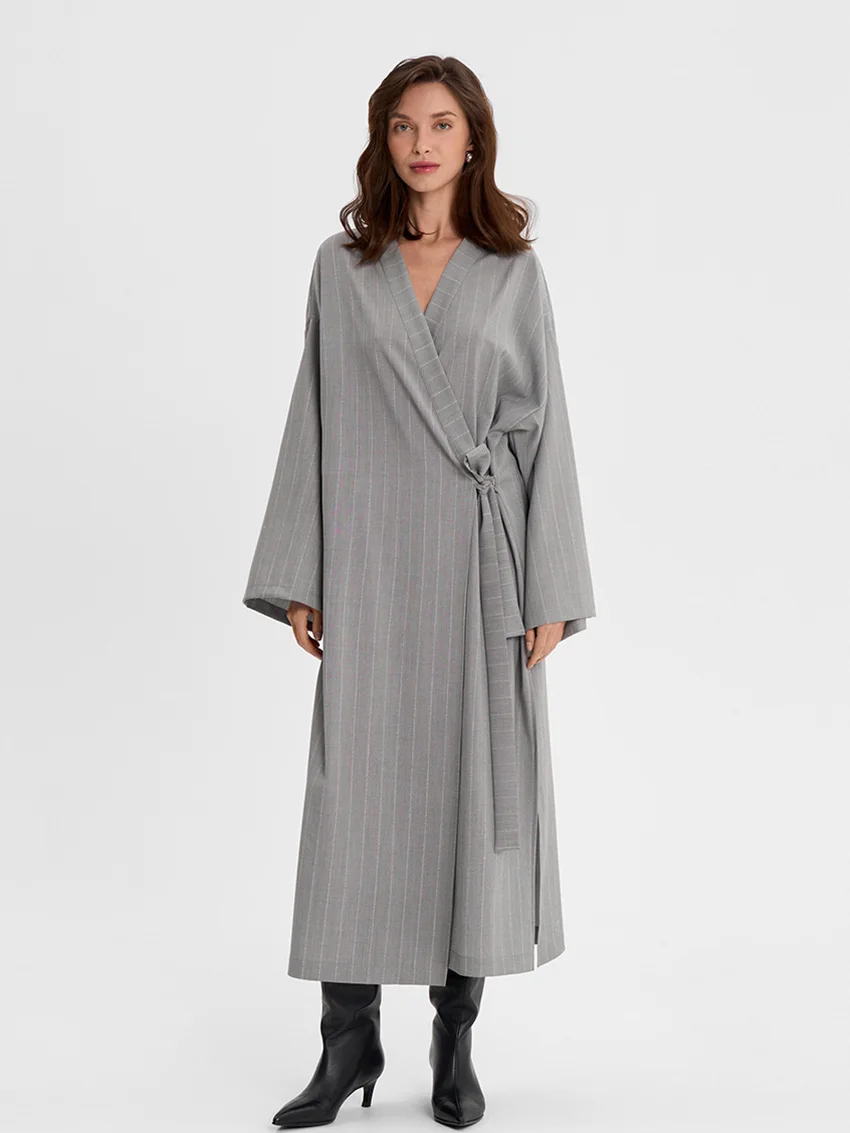 

Marthaqiqi Striped Female Nightwear Lace Up Robe Long Sleeve Nightgowns V-Neck Sleepwear Ankle-Length Dress Women Pajamas Winter
