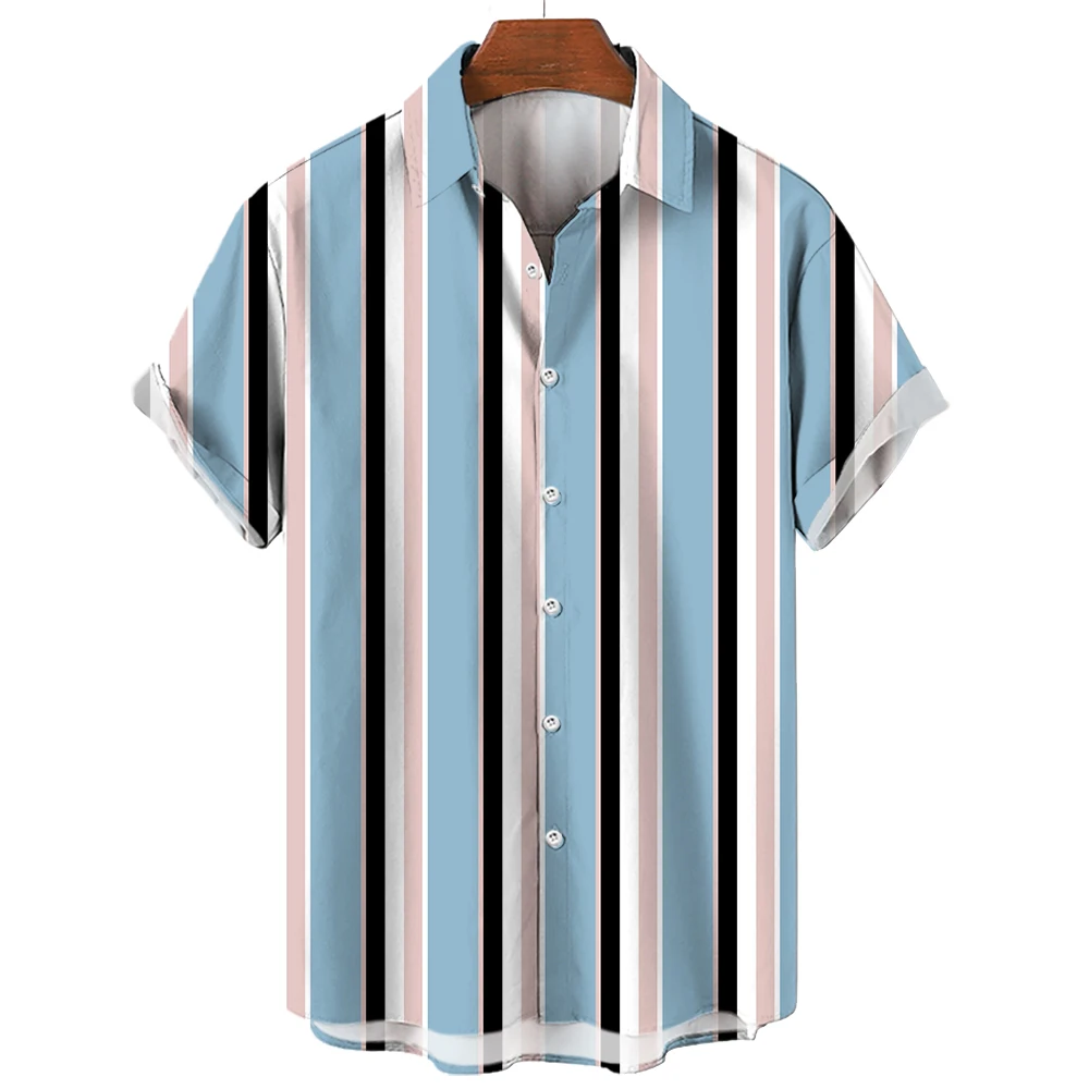 Simple Striped Print Summer Beach Party Men\'s Shirts Casual Oversized Short Sleeve Fashion Single-Breasted Blouses Men Clothing