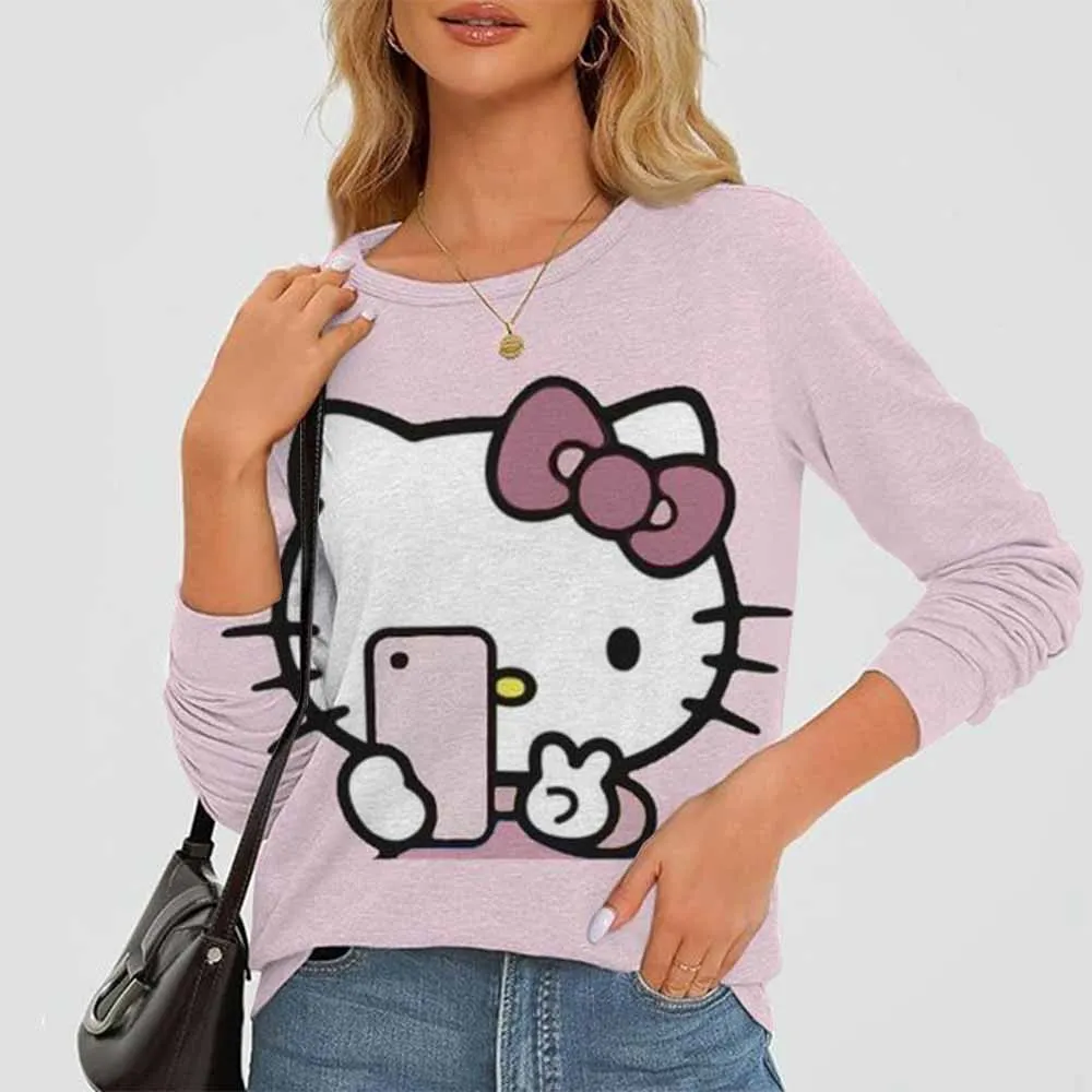 2025 women's fashion tops long sleeve round neck pullover casual long sleeve t-shirt new Kuromi Hello Kitty printed t-shirt