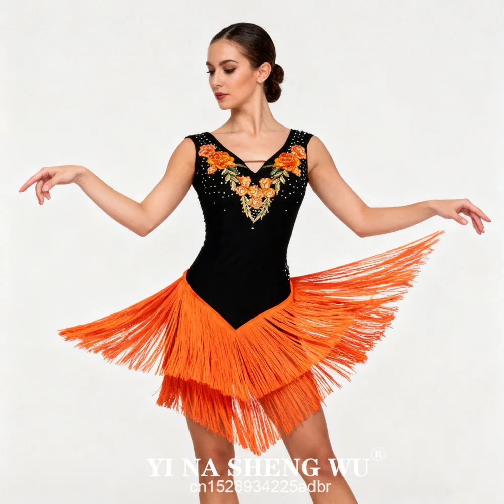 

Платье для латинских танцев, женское высокое качество, индивидуальный размер, классический сценический костюм с кисточками для латинских танцев, платья для латинских танцев для взрослых, новинка