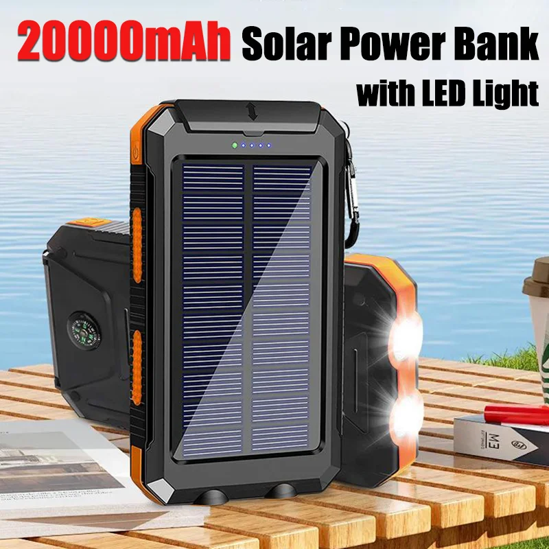 

20000mAh Portable Power Bank Solar Power Bank with LED Light Fast Charging Outdoor Mobile Power Waterproof External Battery