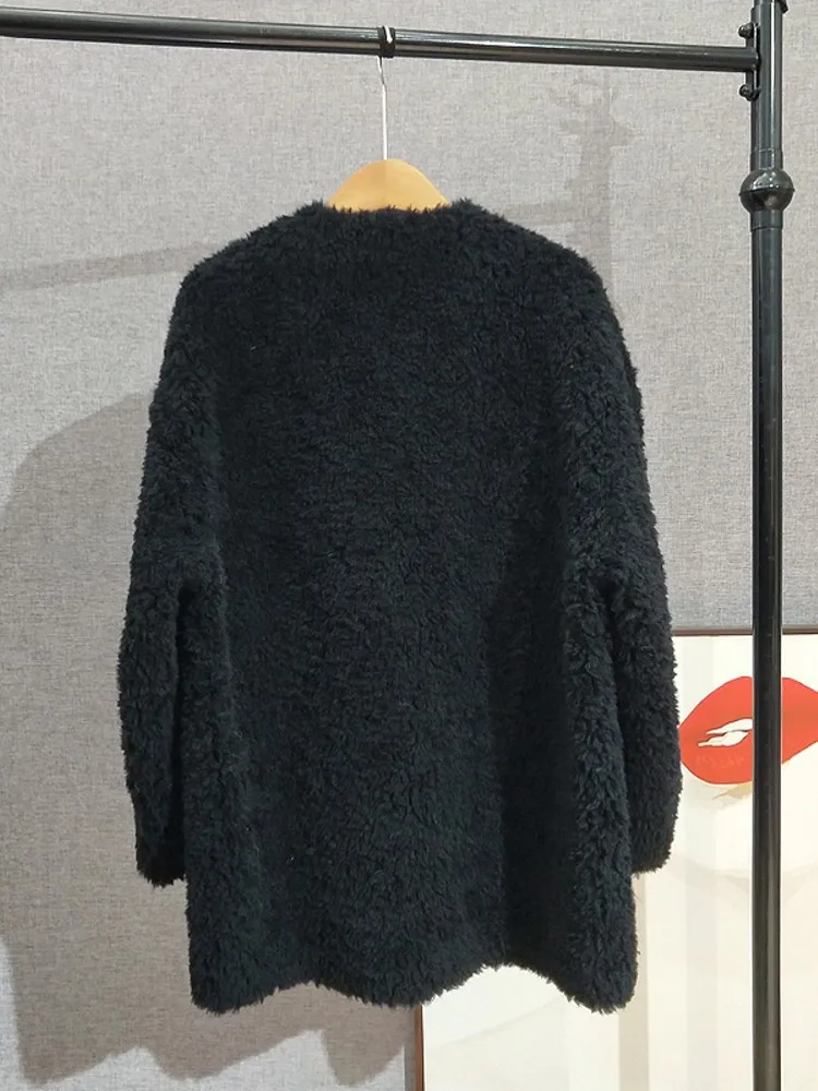 الشتاء سيدة تنوعا فضفاض معطف الصوف الحقيقي الخامس الرقبة القرن زر عادية كم طويل ملابس خارجية الأغنام القص المرأة الدفء سترة #6