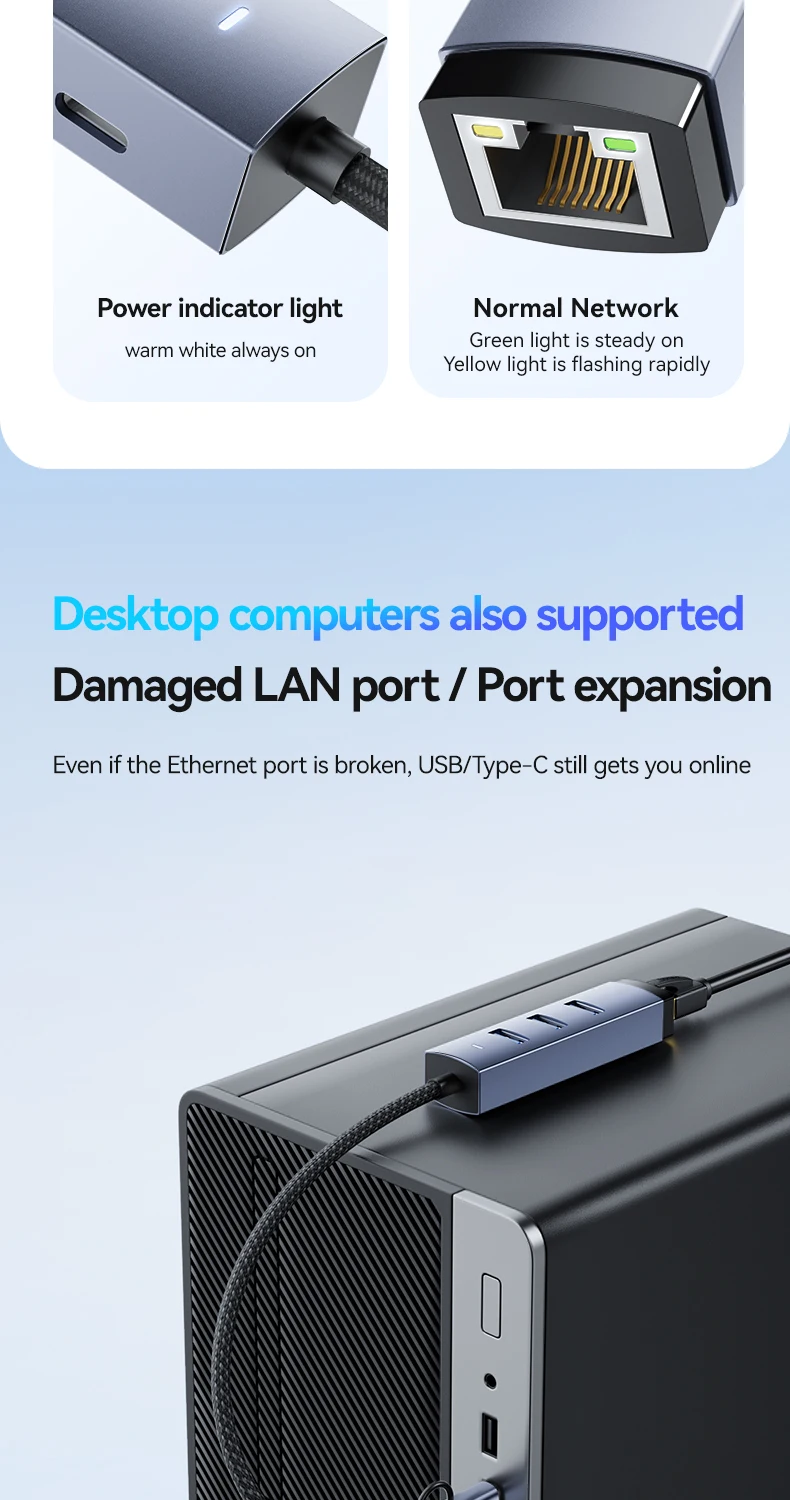 FDBRO 1000Mbps USB/USB-C Ethernet LAN-Adapter 3-Port USB3.0-Hub Dockingstation USB3.0-Hub zu RJ45 Gigabit-Netzwerkkarte für PC – Detail 11