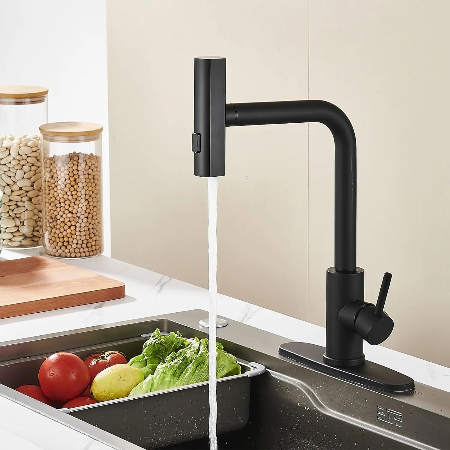 Torneira pia de cozinha com pulverizador pull-down, cachoeira preta, toque único furo, aço inoxidável, moderno