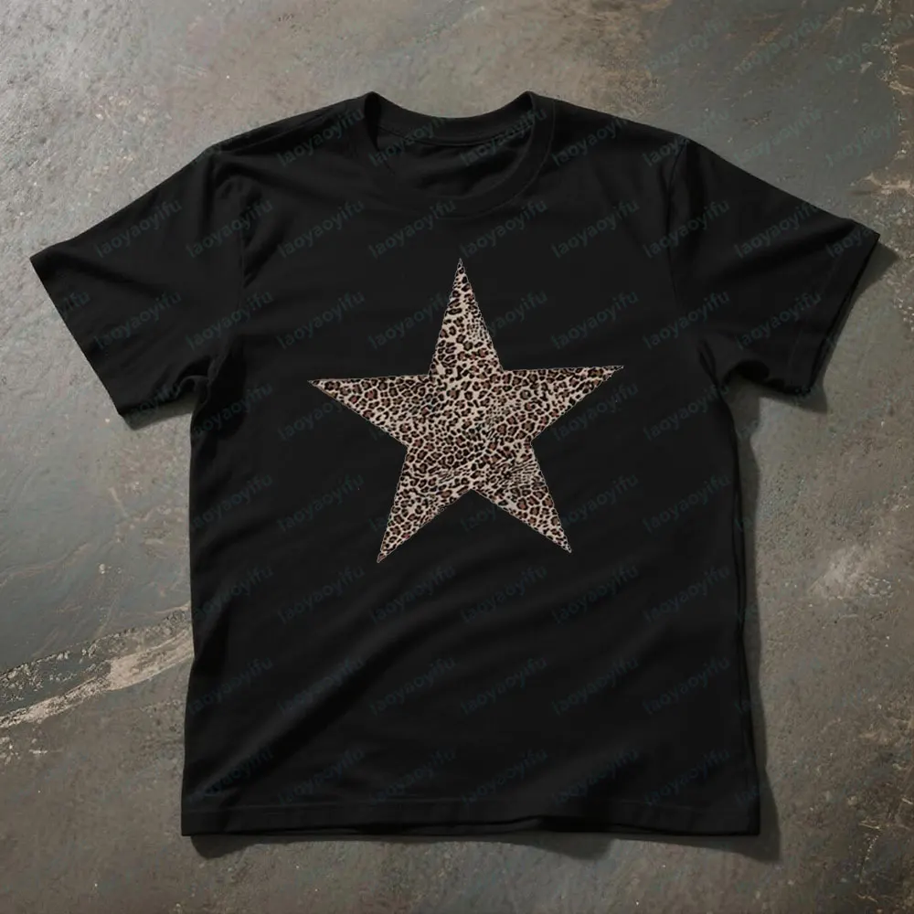 

Женская футболка с леопардовым принтом и круглым вырезом с коротким рукавом Y2K в стиле Харадзюку, модная одежда для молодых девушек, повседневные хлопковые футболки