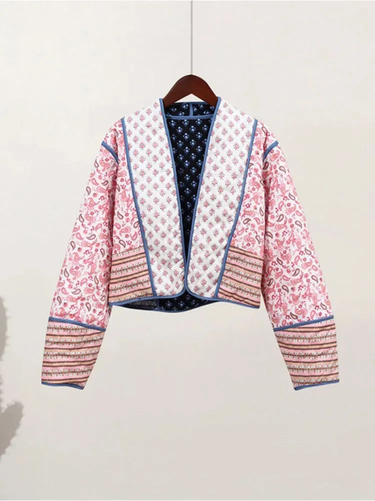 HH Women's Flower Print Coat Quilted Reversible Long Sleeve Open Front 2 In One Jackets Autumn Vintage Streetwear Coat