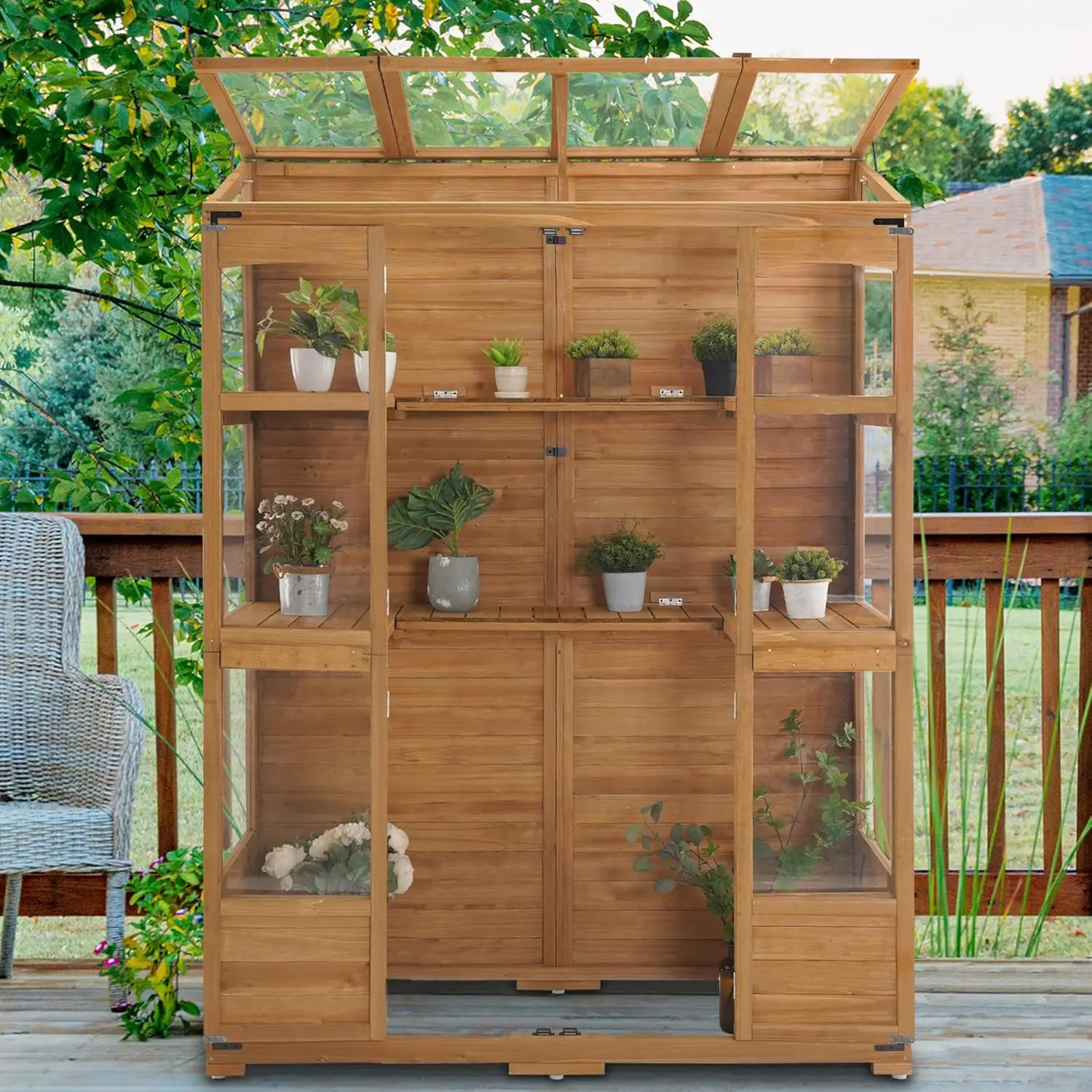 Wooden Greenhouse, Walk-in Outdoor Greenhouse with Openable Roof and Lockable Door, 0899 (Natural)