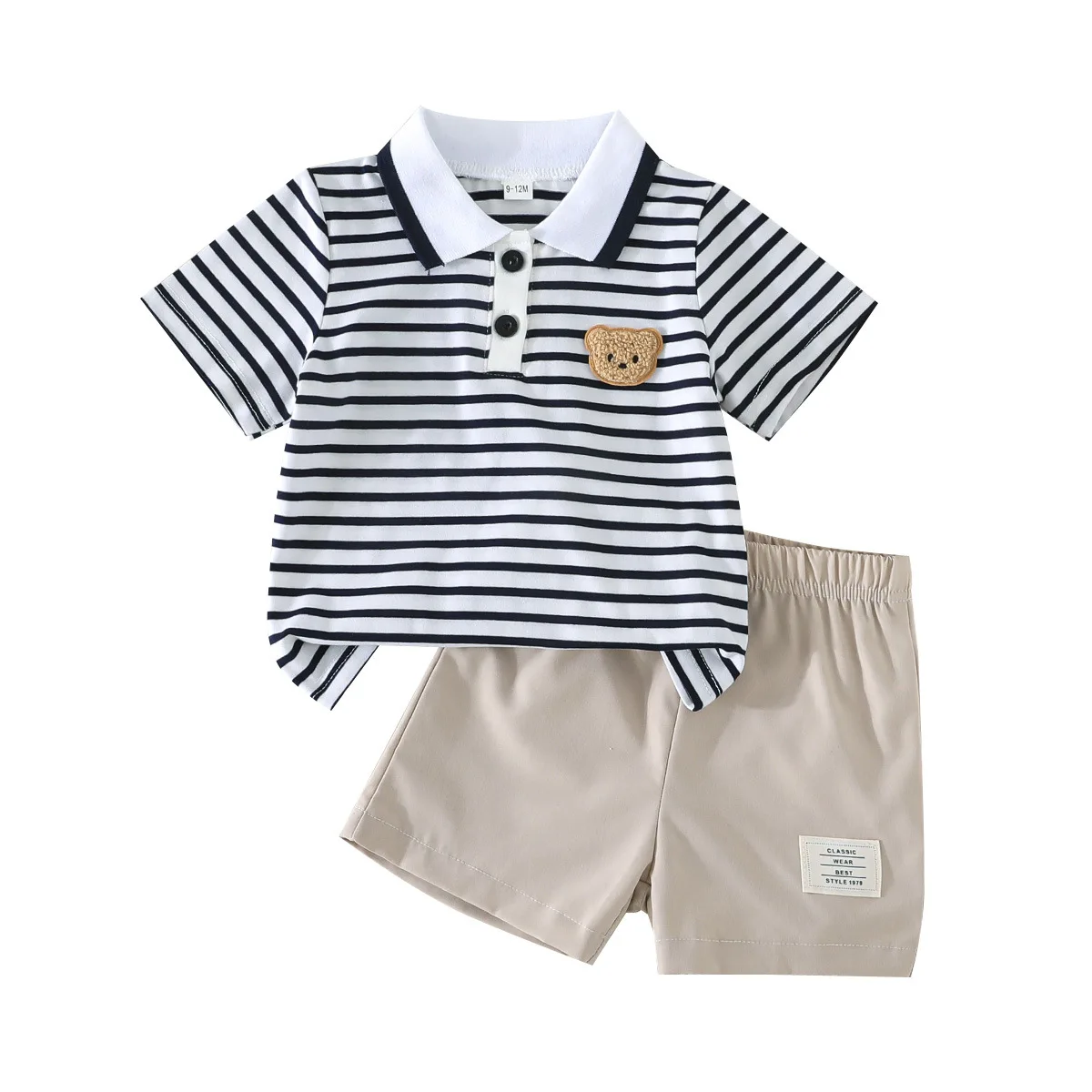 

Baby Boys Spring Striped Polo Shirt Bear Embroidery Top & Solid Shorts 2Pcs Outfit