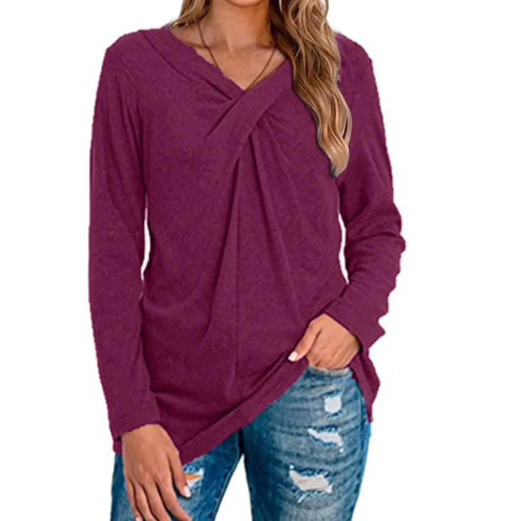 Women T-shirt V Neck Top Long Sleeve Solid Color Blouse T Shirt, Wine Red, S