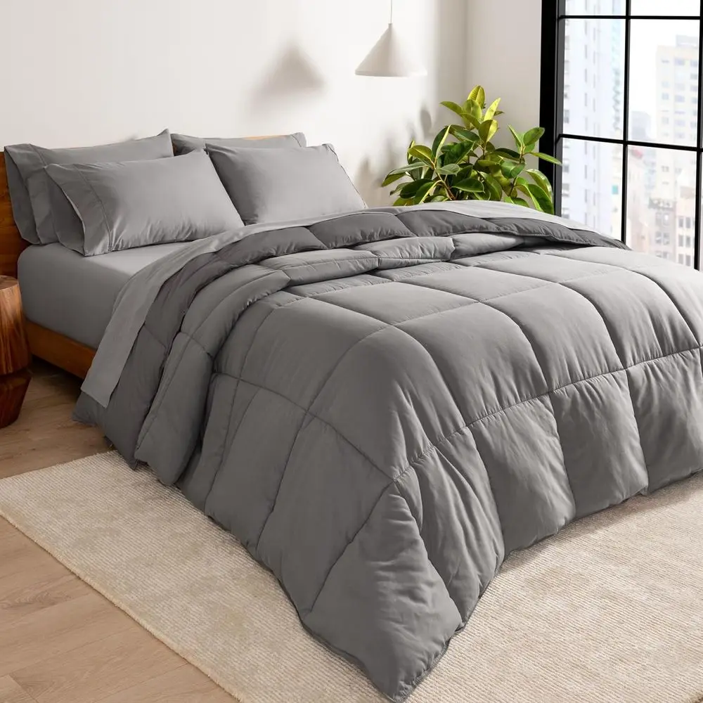 Reversible Bed-in-A-Bag Comorter & Sheet Set - Split King - Down Alternative - Sot - Bedding Set (Split King, Light Grey/Grey)