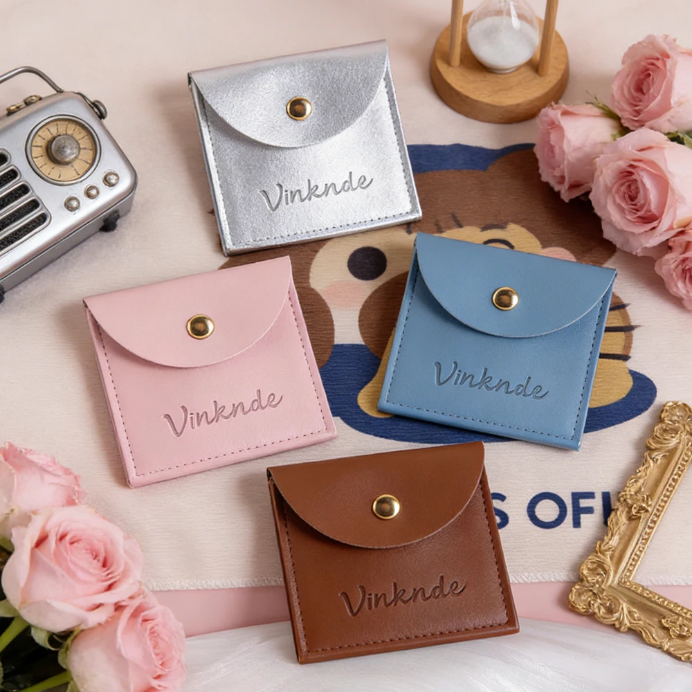 

50Pcs Personalized Logo Silver PU Leather Bag With Gold Snap Button DIY Jewelry Pouch for Rings Earrings Bracelet Pendant Boxes