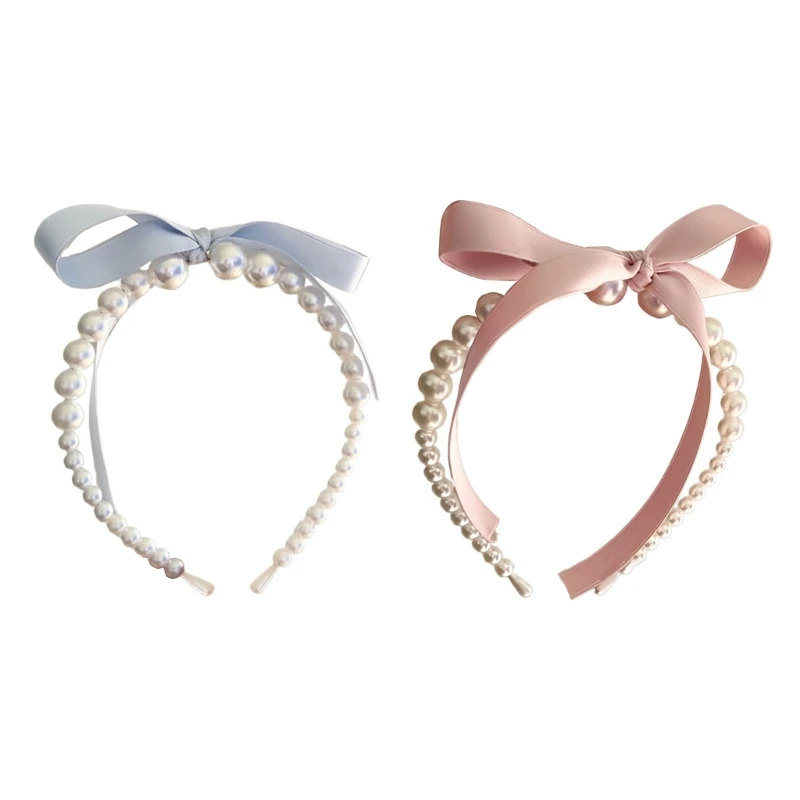 Pearls Bowknot Headbands for Woman Girl Ribbon Hairband for Skincare Makeup Delicate Hairband for Girl Taking Photo Dropship