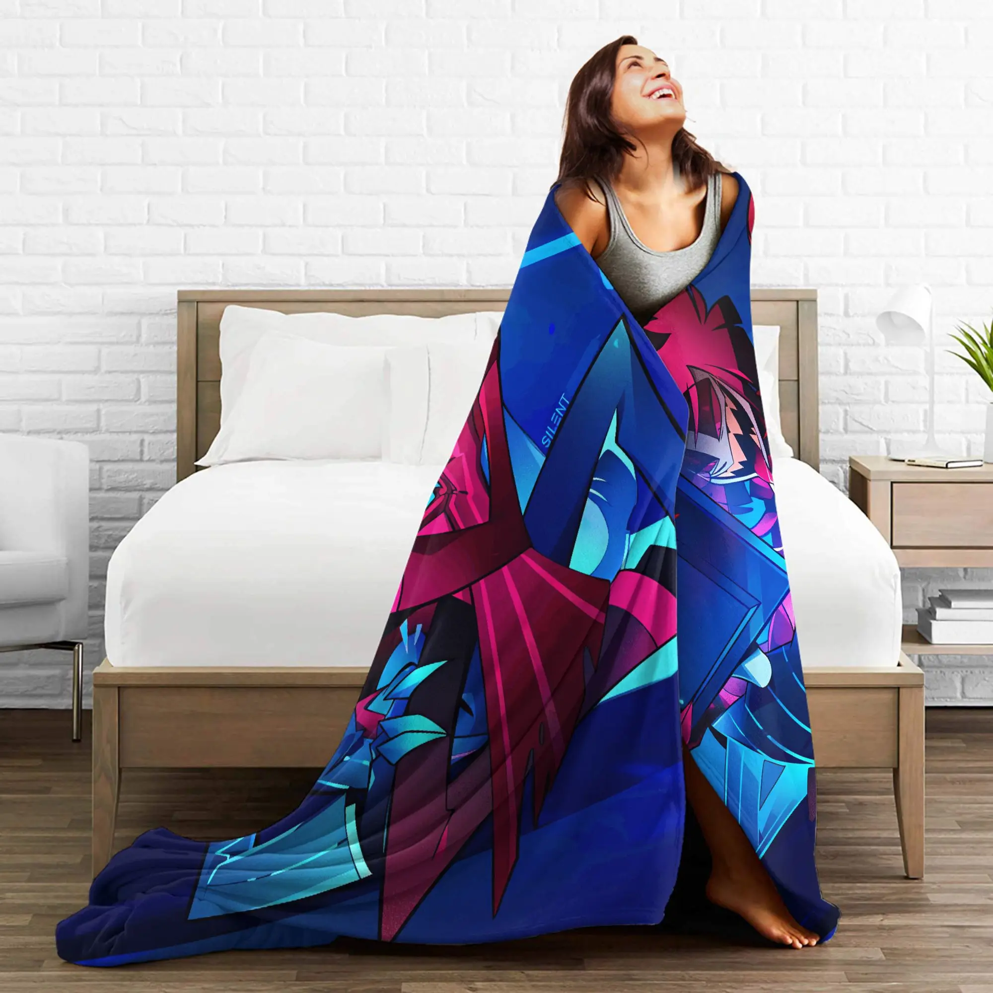 ผ้าห่มลายอลาสตอร์ ปีศาจรادิโอ สำหรับเด็กหญิงและเด็กชาย ผ้าห่มฟลานเนลสำหรับห้องนั่งเล่น ผ้าห่มนุ่ม อุ่น ดีไซน์สวยงาม คุณภาพดี เหมาะเป็นของขวัญ