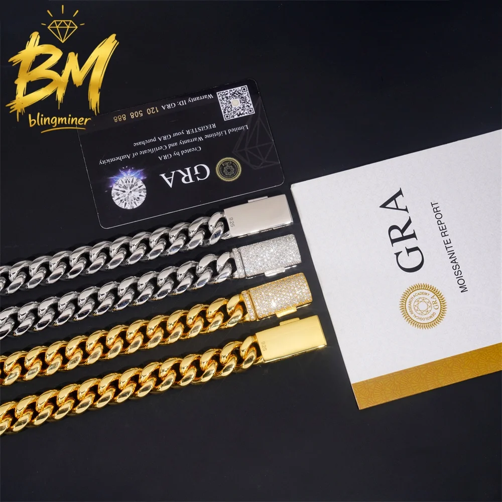 Blingminer 14MM Stainless Steel Moissanite Chain VVS Moissanite Clasp Cuban Link Chain For Men Jewelry Pass Diamonds Tester GRA