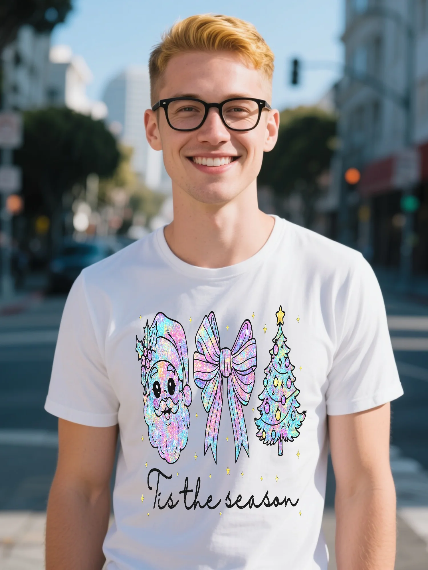 

Men's White High Street T-Shirt - Retro Candy Cane Design & Snowman Print, Pre-Washed Organic