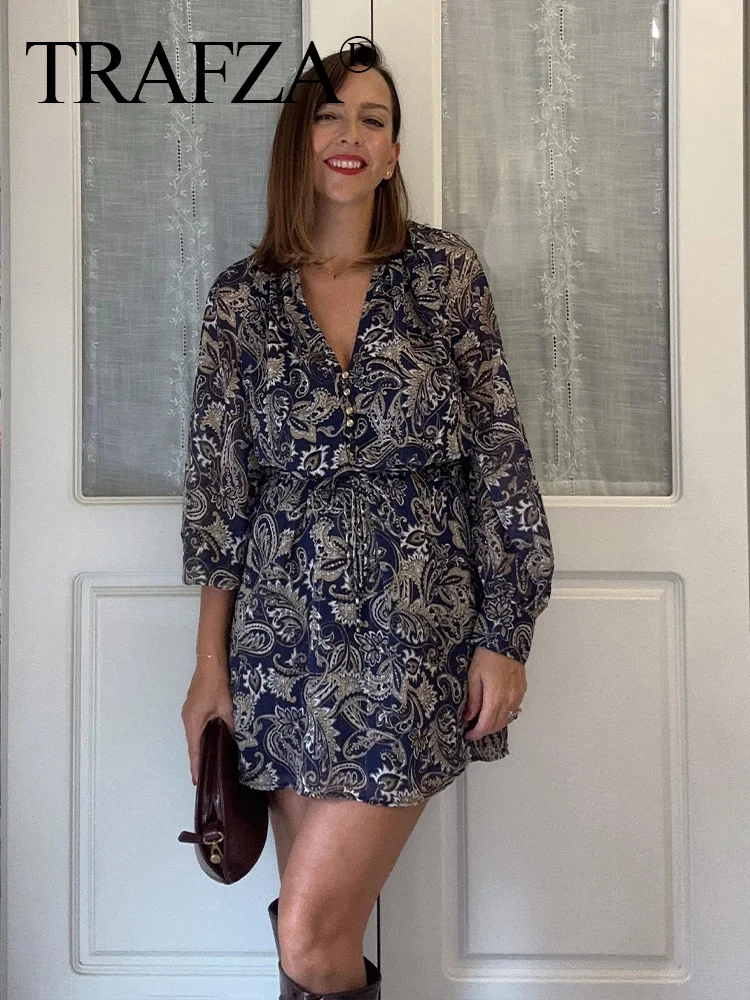 TRAFZA Summer Women Fashion Paisley Printing Long Sleeves Mini Dress Women's V-Neck Single-breasted Pleated Design Dress Mujer