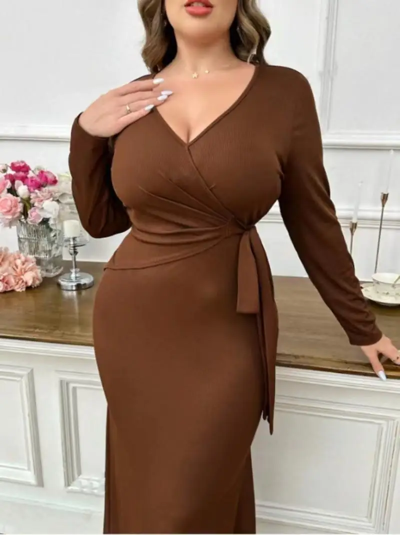 Coffee Plus Size Basic Wear Casaul Dress Women's Fashion French Style Design Side Lace-Up V Neck Bandage Long Sleeve Maxi Dress