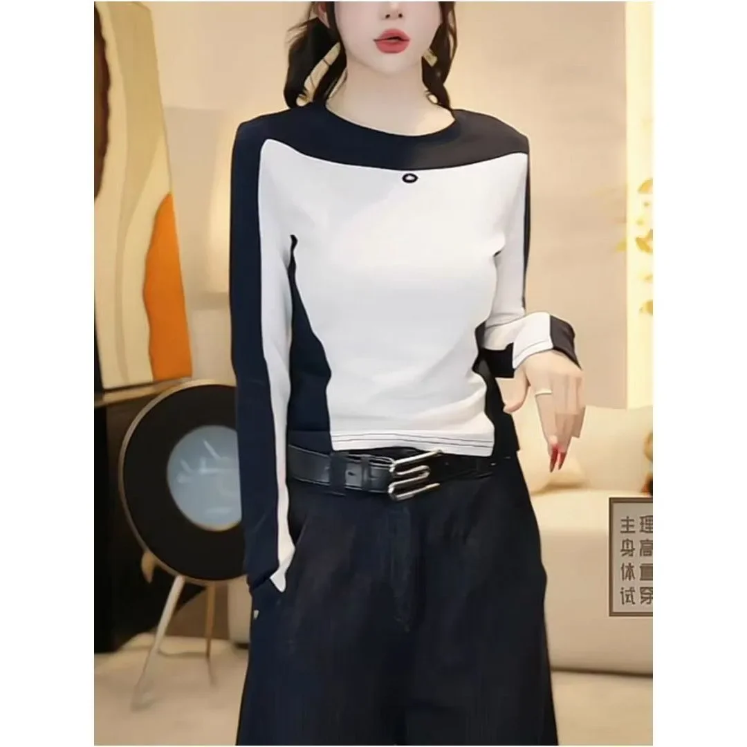 

Pure Cotton American Retro Contrasting Autumn Slim Fit Long-sleeved Top Round Neck T-shirt for Women