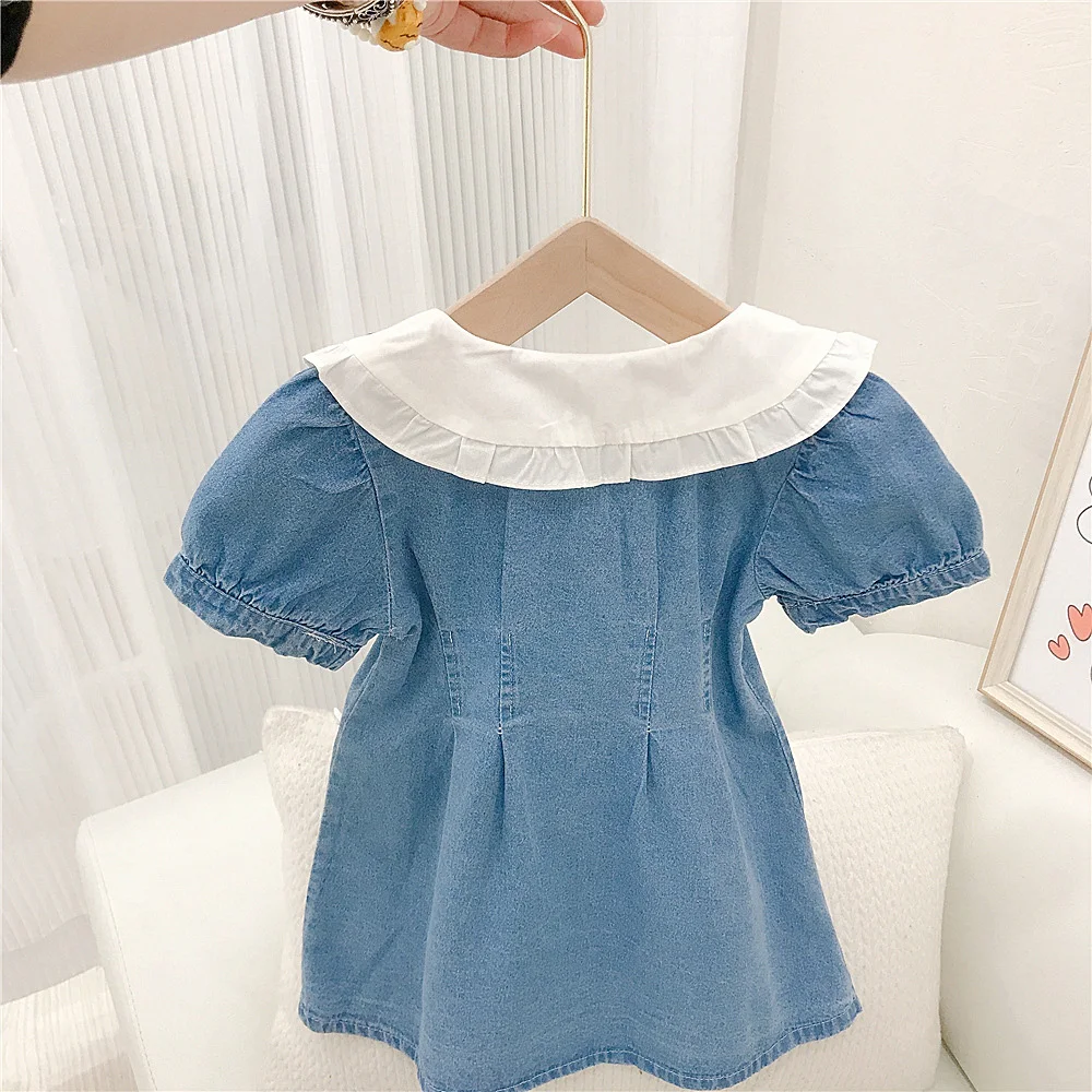 Fashion Kids Girls Denim Dress 2024 Summer Cute Love Print Peter Pan Collar Single-Breasted A-Line Dresses Children Clothing