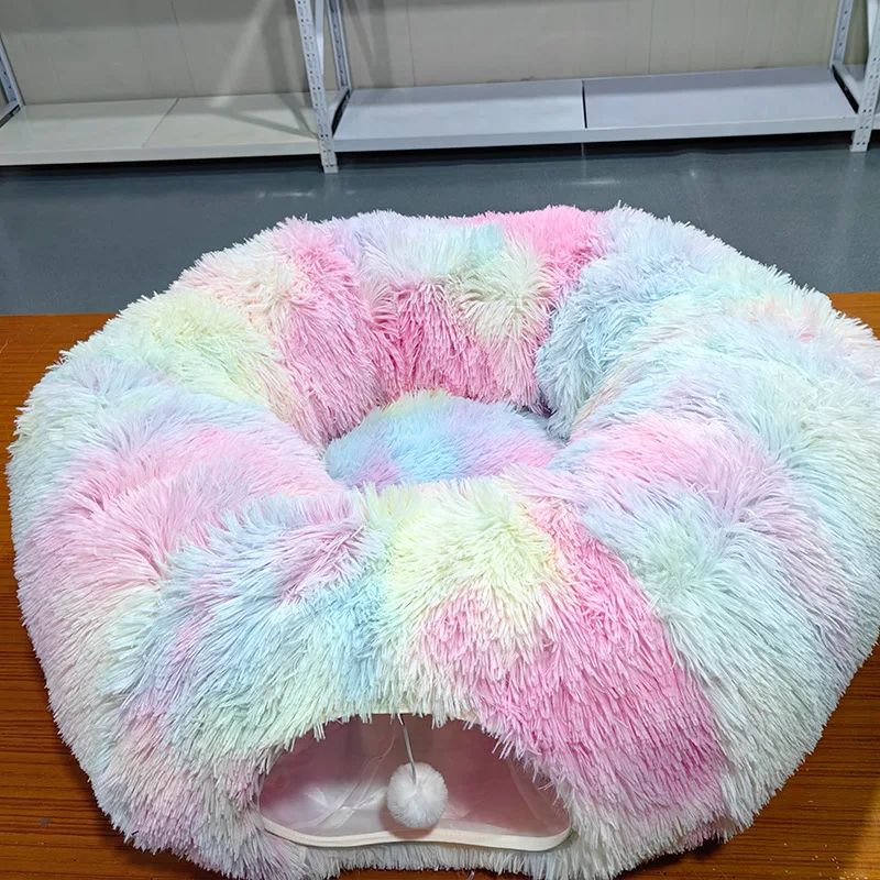 Cat Tunnel with Cat Bed for Indoor Cats Soft Plush Peekaboo Cat Cave Donut Tunnel Multifunctional Cat Playground Toys Hideplace