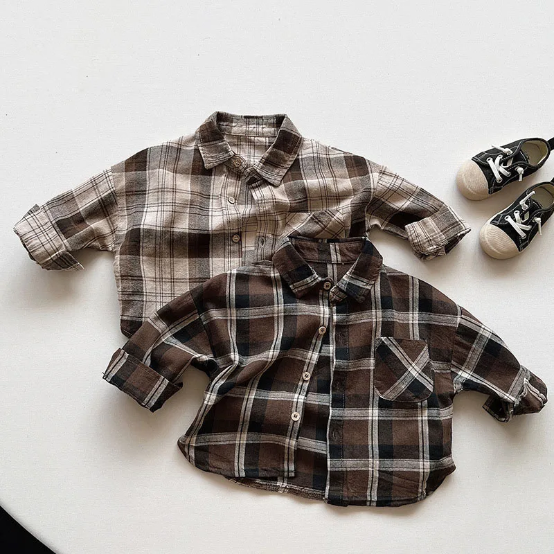 Children's Shirts 2024 Autumn Korean Retro Plaid Baby Boys Shirt 1-7years Kids Boys Long Sleeve Tops