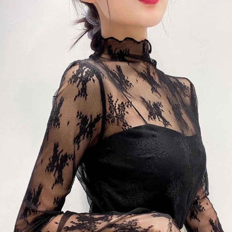 

Sexy Mesh Lace See Through T-shirt For Women Korean Tops Long Sleeve Floral Print O Neck Tee Tops Bottoming Blouses Streetwear